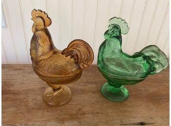 A Pair Of  Pressed Glass Candy Dish Roosters.