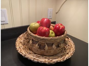 A Woven Combo  Basket / Tray Centerpiece With Faux Fruit