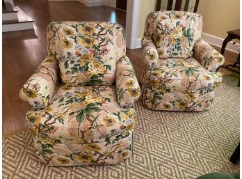 A Pair Of Roll Arm Club Chairs, Cowan & Tout Floral Pattern Fabric