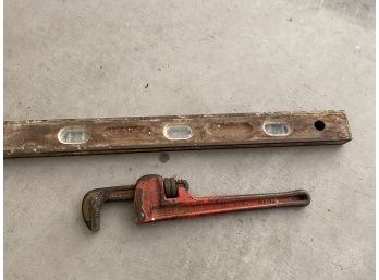 Tools Lot - Reed Pipe Wrench & Vintage Wooden Level Brass Bound