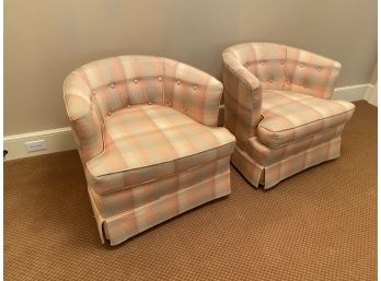 A Pair Of Swivel Barrel Upholstered Chairs.