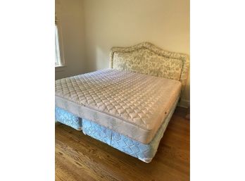 An Upholstered King Size Headboard/bed  With Mattress, Boxspring & Metal Bed Frame