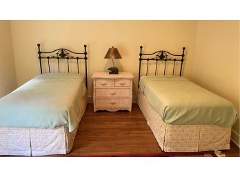 A Pair Of Cast Iron Twin Beds With Mattress, Box Spring , Custom Made Skirt  & Metal Bed Frame