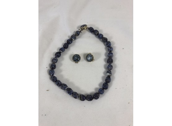 Blue Stone Clip Earrings & Necklace Set