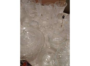 Large Table Lot Of Crystal & Clear Glass