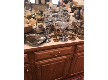 Large Lot Of Silverplate, Pewter & Brass