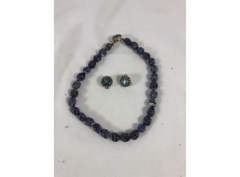 Blue Stone Clip Earrings & Necklace Set