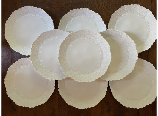 Set Of Nine La Jolie Muse Scalloped Edge Embossed White Dinner Plates
