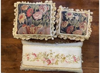 Three Floral Needlepoint Pillows With Tassel Trim