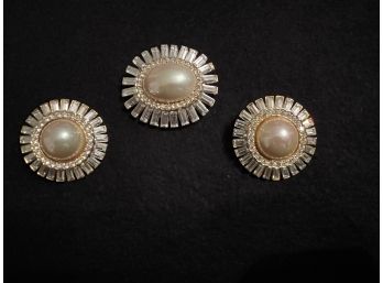 Elegant Rhinestone & Faux Pearl Starburst Earrings & Pin