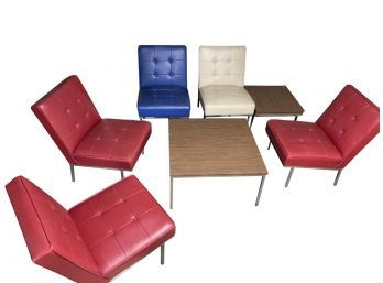 Five Fabulous Mid Century Modern Paoli Naugahyde & Chrome Slipper Chairs With Two Tables