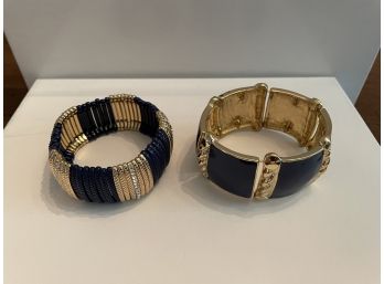 Two Navy & Gold Tone Fashion Wide Stretch Bracelets