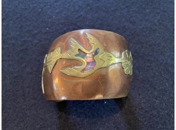 Copper & Brass Cuff With Mother Of Pearl Hummingbird Inlay, Made In Mexico