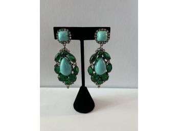 Kenneth Jay Lane Teardrop Earrings With Turquoise & Green Colored Stones