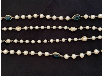 Two Rope Length Faux Pearl Necklaces With Colored Stone Accents