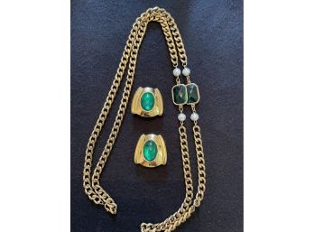 Fashion Necklace & Earrings With Emerald Colored Stone Accents