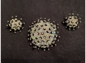 Clear Crystal & Black Beaded Sputnik Form Brooch & Matching Earrings