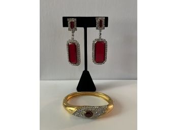 Ruby Red & Rhinestone Drop Earrings And Bangle Bracelet