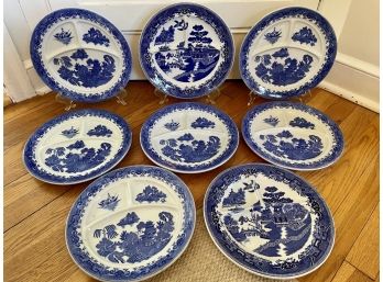 Set Of Eight Blue & White Compatible Divided Plates Including Shenango China, New Castle PA