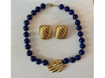 Cobalt Blue Beaded Necklace With Gold Tone Pendant & Coordinating Napier Gold Tone Earrings