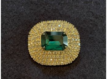 Encrusted Rhinestone Brooch With Emerald Green Center Stone