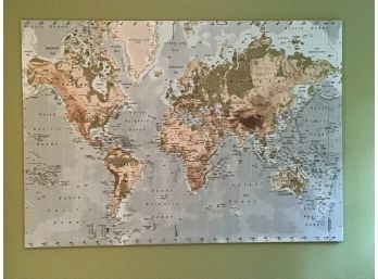 Oversized Wall Map On Canvas, Approximately 70 X 55