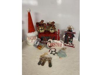 Lot Of Christmas Decorations, Ceramic Santa , Bells, Mouse, Plus