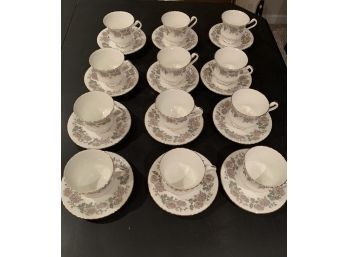 Fine Bone English China By Roslyn, Set Of 12 Teacups And Saucers
