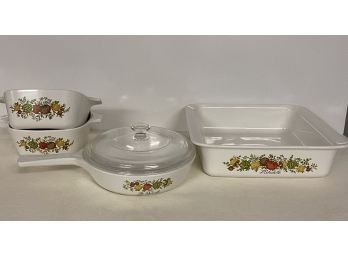 Corning Ware Spice Of Life Lot Of 4 Pieces Includes P-43 Petite Pan, P-322 8x8 Brownie Pan, P-83 6 1/2 Skille