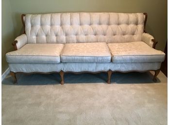 Vintage Winged Sofa, Tufted Back, Cream Damask, Pecan Wood Frame