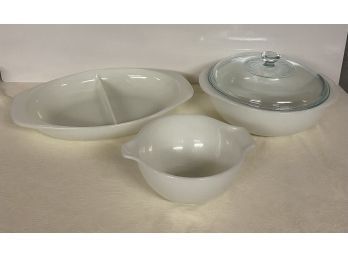 Pyrex Lot - Cinderella Mixing Bowl, White Divided Baking Dish, Round Casserole  Dish With Lid
