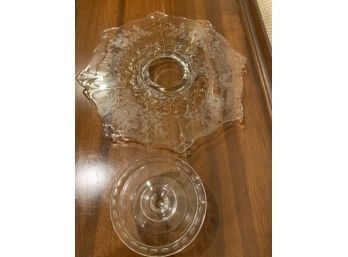 Elegant Glass Cake Plate Stand Footed Etched Floral Octagon Shape