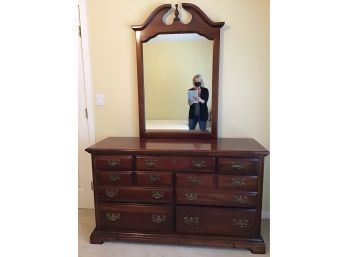 Beautiful American Drew Cherry Grove 7 Drawer Double Dresser With Broken Pediment Mirror