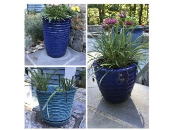 3 Outdoor Planters, Shades Of Blue