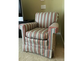 Vintage Club Chair, Recovered In Coral/ Teal Stripes With Custom Arm And Seat Covers