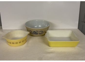 Vintage Pyrex Lot - Homestrad Mixing Bowl, Yellow Refrigerator Dish, Town & Country Casserole Dish