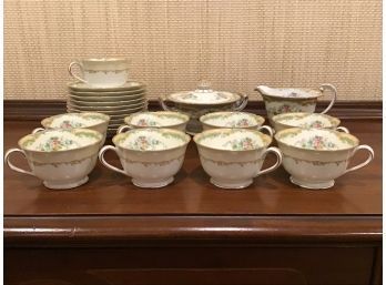 Noritake China, Set Of 9 Footed Teacups, 10 Saucers, Cream/ Sugar, Pattern Larue With Gold Trim, Japan