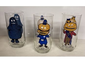 Vintage 1977 McDonald's Action Series Glasses. Lot Of 3: Grimace, Big Mac, And Mayor Mc Cheese.