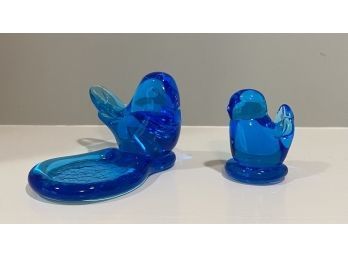 Bluebirds Of Happiness, 1990 Glass Botive Candle Holder, 1994 Glass Figurine Both Signed Leo Ward