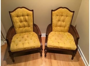 Pair Of Cool Vintage Caned Chairs, Tufted Mustard Colored Velvet