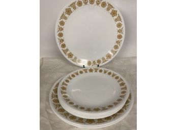 Corelle Vintage Butterfly Gold Four 10.25' Dinner Plates And Seven 8.5 Salad Plates.