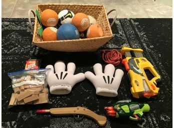 Basket Of Toys - Mickey Gloves, Jenga, Balls, Toy Guns