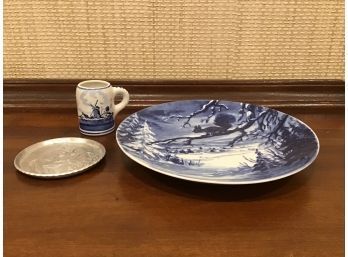 Vintage German Weihnachten Plate 1989, Delft Mini Cup And Floral Engraved Pewter Disc