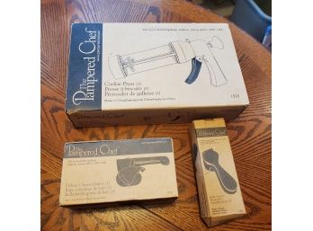 New In Box Vintage Items 3 Pampered Chef & Cookie Press, Cheese Grater, Garlic Press.