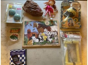 Auction Lot Number One: Random Goodies, Travel Game, Childs Baseball Glove, & More!