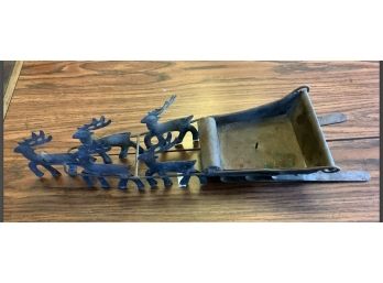 Antique Hand- Crafted Metal Santas Sleigh Pulled By Reindeer Candle Holder !