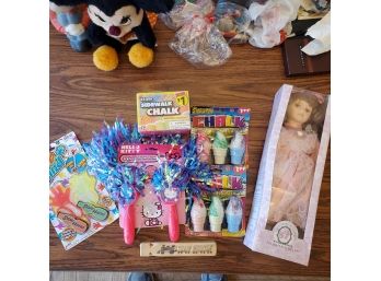 Unopened Fun Toy Lot- Classical Treasures Porcelain Doll, Pom Poms, Sidewalk Chalk, Snap Hands, Train Whistle