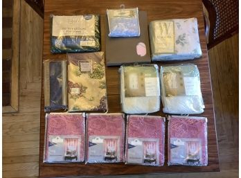 Lot Of New In Package Twin Sheets, Swags, Lace Valances, Shower Curtain, Table Linens And Large Wicker Basket!