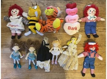 Lot Of Ten Stuffed Animals: Raggedy Andy, Bumblebee, Tigger, Hearts, And More!