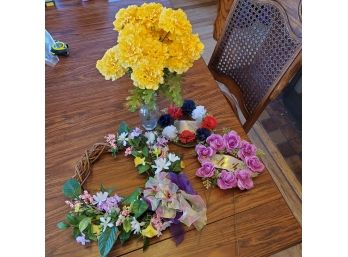 Four Faux Flower Pieces- Lovely Flower Wreath, Vase With Yellow Flowers, & 2 Grave Flowers Mother & Hero